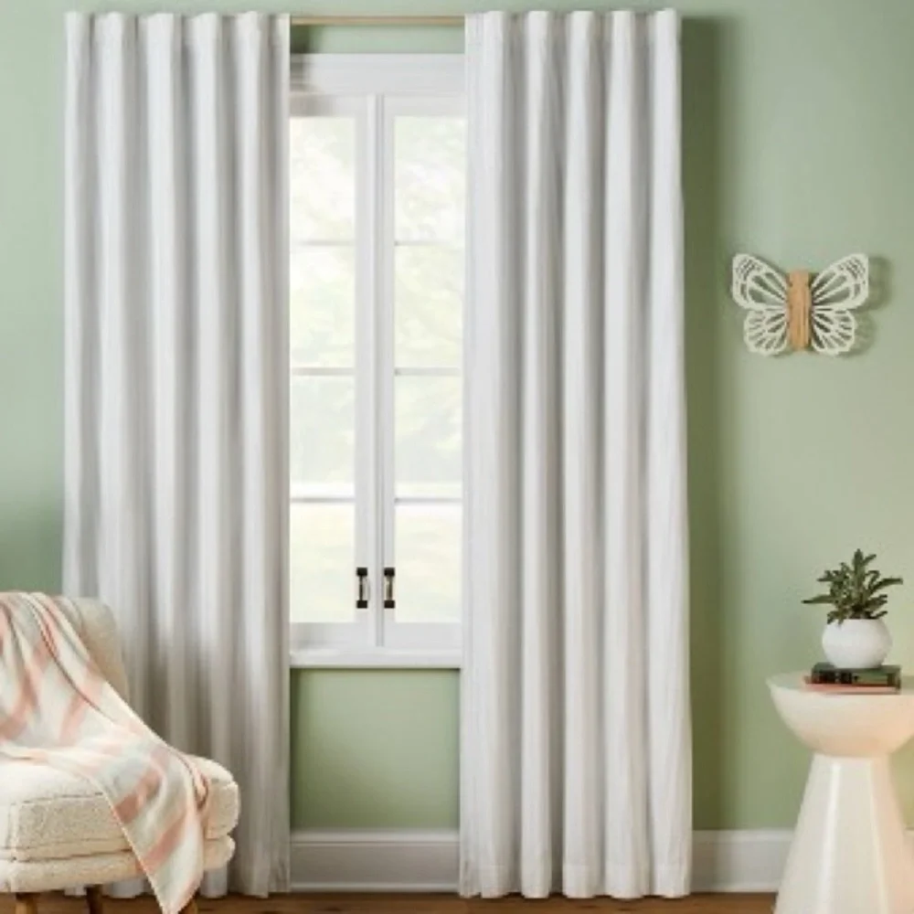 NEW Pillowfort 63” Blackout Irregular Mini Striped Curtain Panel, Beige/White